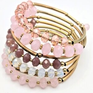 Boho Beaded Memory Coil Glass and Stone Wrap‎ Bracelet Pink Mauve Opal Gold Tone